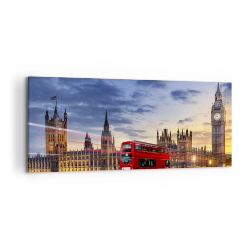 Cuadro sobre lienzo - Impresión de Imagen - Un autobús rojo con el Big Ben y las Casas del Parlamento al fondo al anochecer. - 120x50cm - Lo más característico - Decoración de pared moderna para salón y dormitorio ARTTOR
