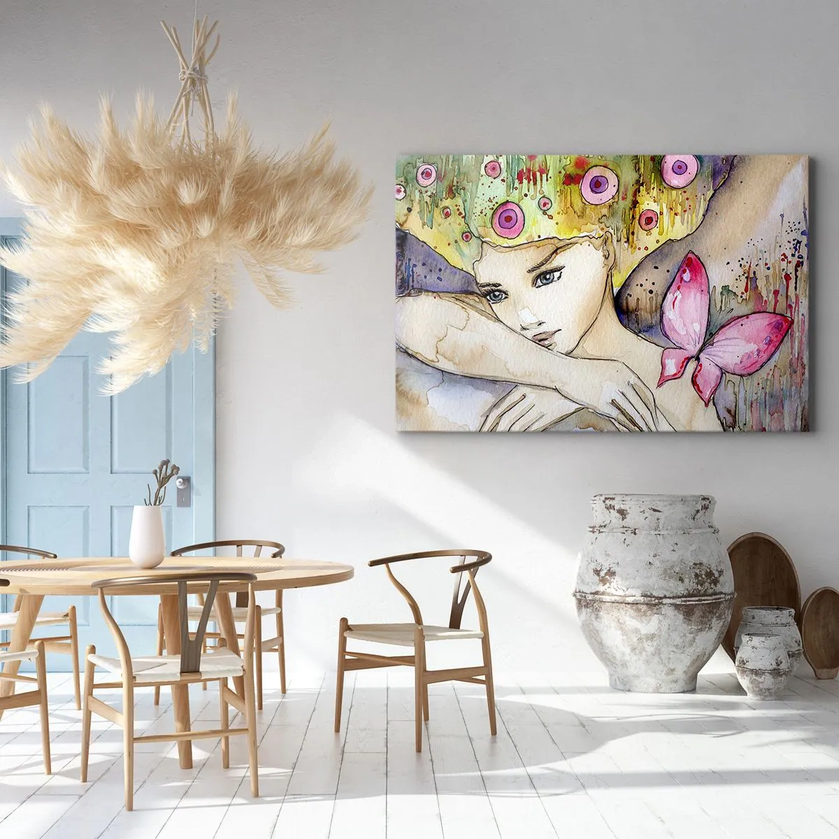 Cuadro sobre lienzo - Impresión de Imagen - Una mujer con un peinado abstracto y una mariposa rosa. - 70x50cm - Una princesa mariposa - Decoración de pared moderna para salón y dormitorio ARTTOR