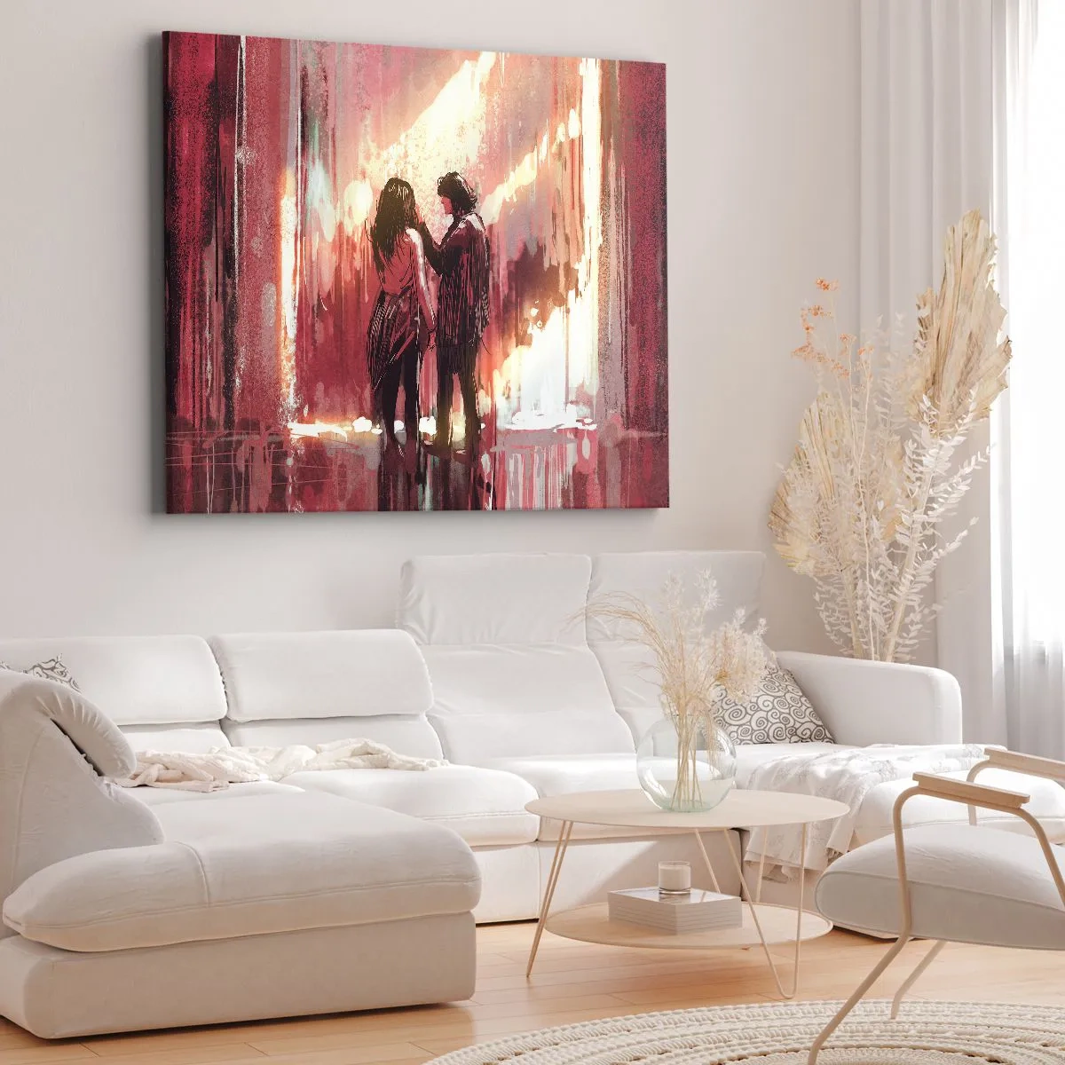 Cuadro sobre lienzo - Impresión de Imagen - Una pareja de pie bajo una luz cálida contra un fondo de patrones abstractos. - 120x80cm - El eterno espectáculo del amor - Decoración de pared moderna para salón y dormitorio ARTTOR