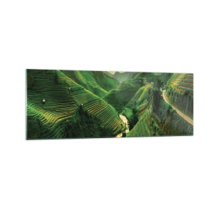 Cuadro sobre vidrio - Impresiones sobre Vidrio - Pintorescas terrazas de arroz en un valle verde iluminado por el sol poniente - 140x50cm - Valle vietnamita - Decoración de pared moderna para salón y dormitorio ARTTOR