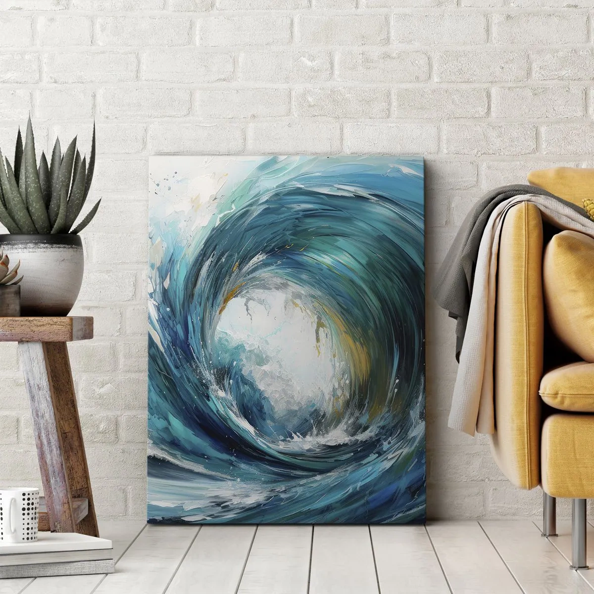 Cuadro sobre lienzo - Impresión de Imagen - Una ola dinámica en tonos azules y turquesas. - 50x70cm - Portal marino - Decoración de pared moderna para salón y dormitorio ARTTOR