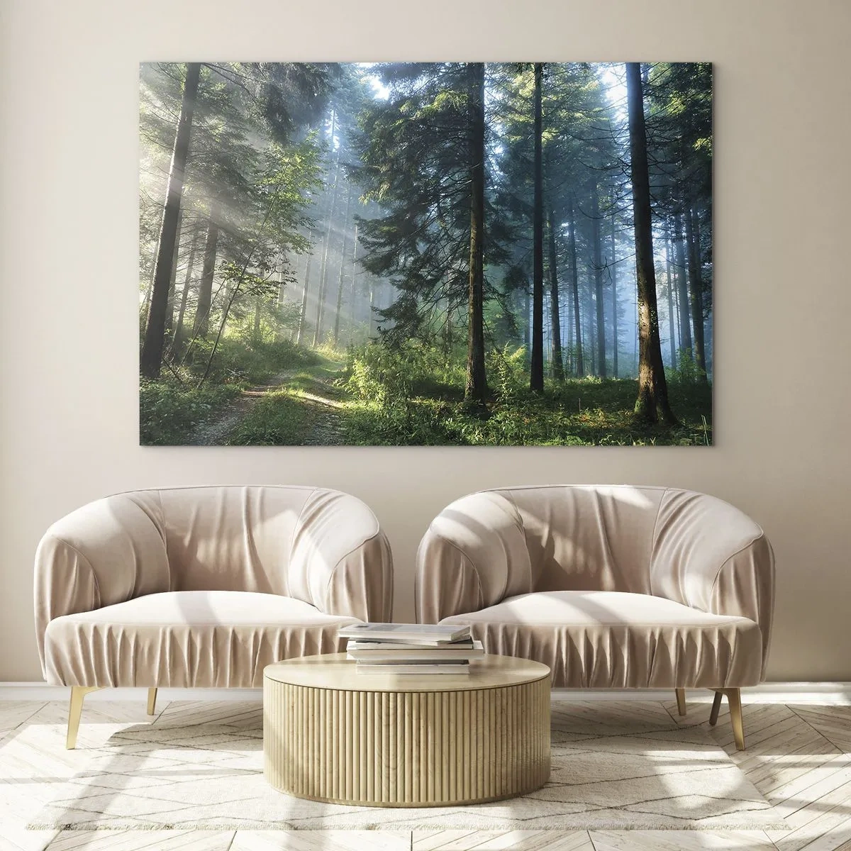 Cuadro sobre vidrio - Impresiones sobre Vidrio - Un sendero forestal en la niebla de la mañana entre árboles altos. - 100x70cm - Radiante por la mañana - Decoración de pared moderna para salón y dormitorio ARTTOR