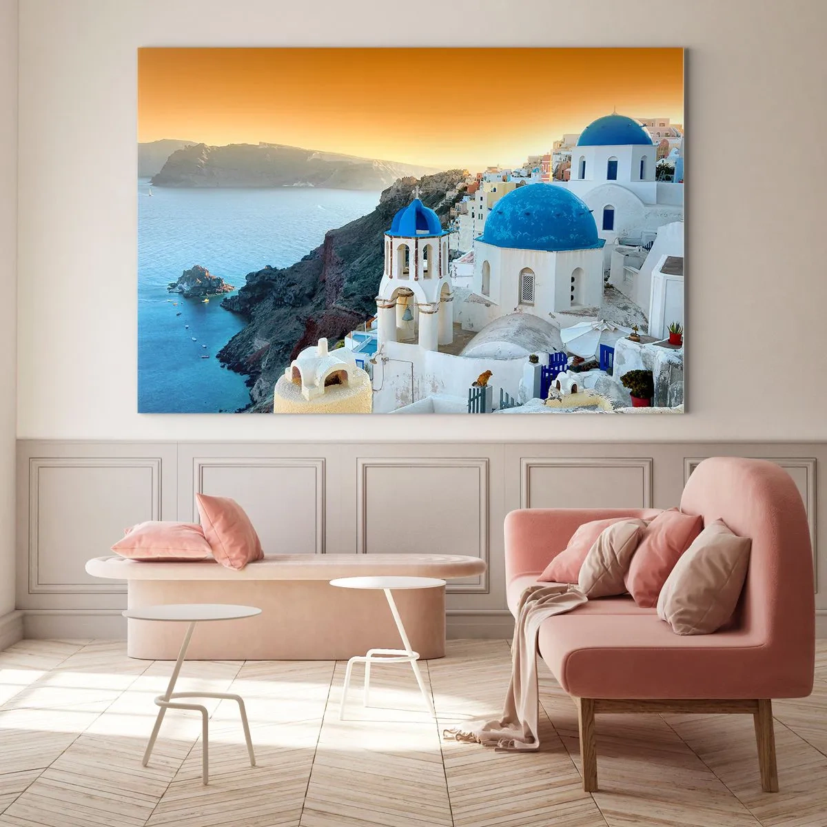Cuadro sobre vidrio - Impresiones sobre Vidrio - Vista de Santorini con sus cúpulas azules y acantilados - 120x80cm - Santorini - el abrazo a las rocas - Decoración de pared moderna para salón y dormitorio ARTTOR