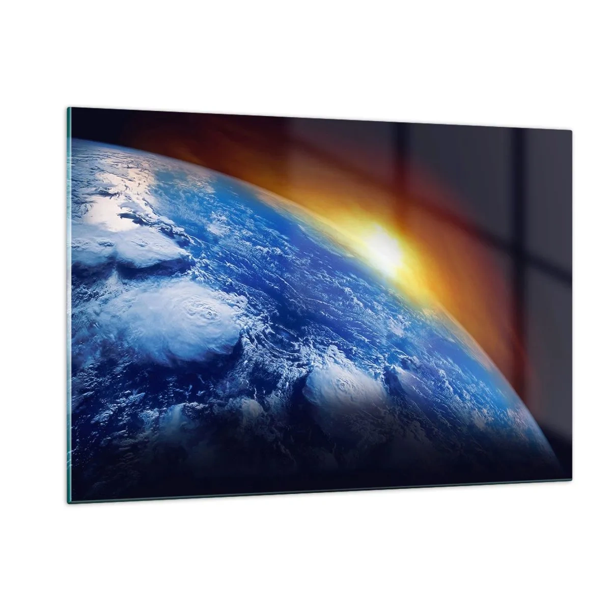 Cuadro sobre vidrio - Impresiones sobre Vidrio - La Tierra en el espacio iluminada por los rayos del sol. - 120x80cm - Amanecer en un planeta azul - Decoración de pared moderna para salón y dormitorio ARTTOR