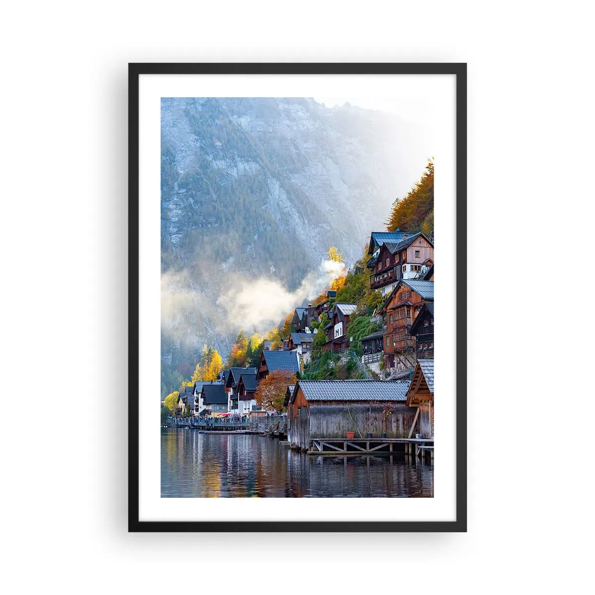 Póster en marco negro - Un pueblo de montaña junto a un lago rodeado de aura otoñal. - 50x70cm - Ambiente alpino - Decoración de pared moderna para salón y dormitorio ARTTOR