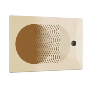 Cuadro sobre vidrio - Impresiones sobre Vidrio - Composición geométrica con ondas y círculos en colores beige. - 120x80cm - Sobre el origen de las figuras geométricas - Decoración de pared moderna para salón y dormitorio ARTTOR