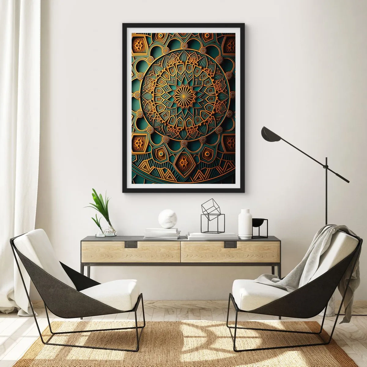 Póster en marco negro - Mandala dorado sobre fondo oscuro - 50x70cm - En un clima árabe - Decoración de pared moderna para salón y dormitorio ARTTOR