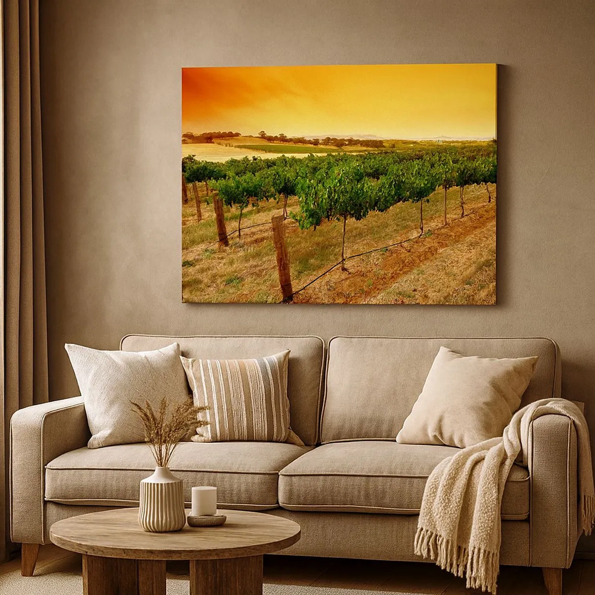 Cuadro sobre lienzo - Impresión de Imagen - Vides en una plantación al atardecer dorado - 70x50cm - Un trago del sol - Decoración de pared moderna para salón y dormitorio ARTTOR