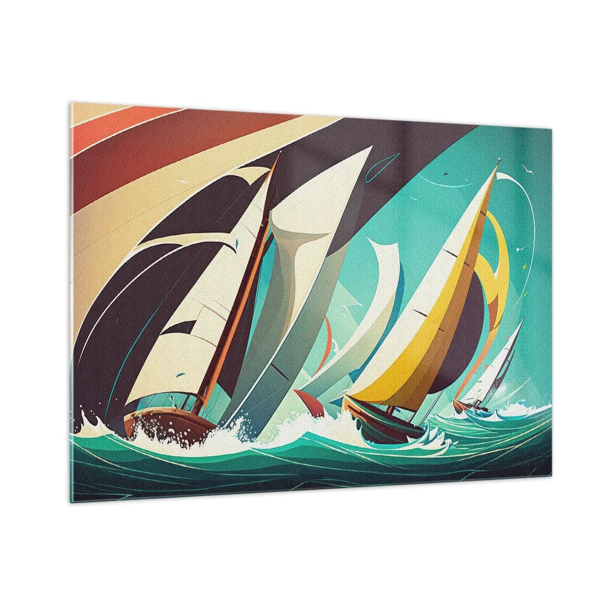 Cuadro sobre vidrio - Impresiones sobre Vidrio - Ilustración de estilo retro de veleros en un mar tempestuoso - 100x70cm - Afrontar los elementos - Decoración de pared moderna para salón y dormitorio ARTTOR