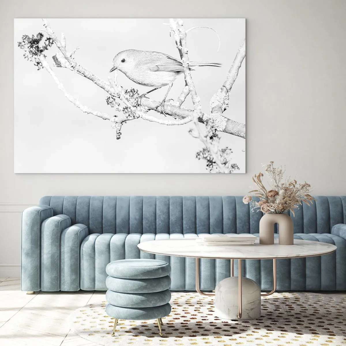 Cuadro sobre vidrio - Impresiones sobre Vidrio - Un pájaro posado en una rama en una escena invernal monocromática. - 70x50cm - Mañana de invierno - Decoración de pared moderna para salón y dormitorio ARTTOR