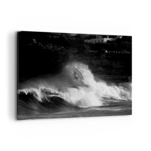 Cuadro sobre lienzo - Impresión de Imagen - Un surfista montando una ola en monocromo. - 100x70cm - Desafío aceptado - Decoración de pared moderna para salón y dormitorio ARTTOR