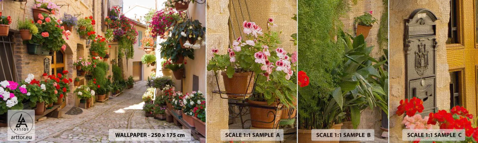 Muestra de fotomural Premium Canvas - En un torrente de flores - Ciudad, Italia, hermosas calles - 100x30 cm