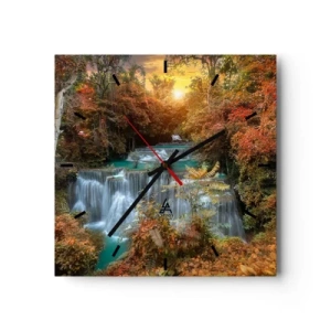 Reloj de pared - Reloj de vidrio - Cascada de otoño rodeada de árboles coloridos a la luz del sol. - 30x30cm - El tesoro escondido del bosque - Decoración de pared moderna para salón y dormitorio ARTTOR