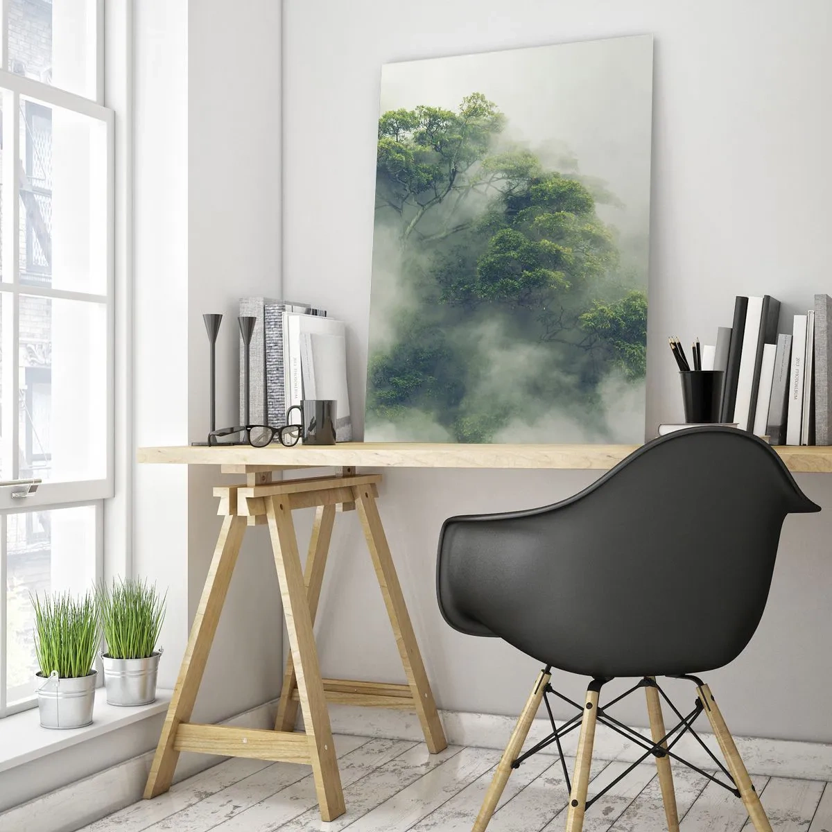 Cuadro sobre vidrio - Impresiones sobre Vidrio - Árboles verdes en una espesa niebla contra un fondo natural - 70x100cm - Envuelto en niebla - Decoración de pared moderna para salón y dormitorio ARTTOR