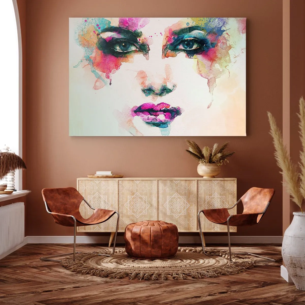 Cuadro sobre lienzo - Impresión de Imagen - Retrato abstracto de una mujer en colores intensos. - 70x50cm - Retrato en arco iris - Decoración de pared moderna para salón y dormitorio ARTTOR