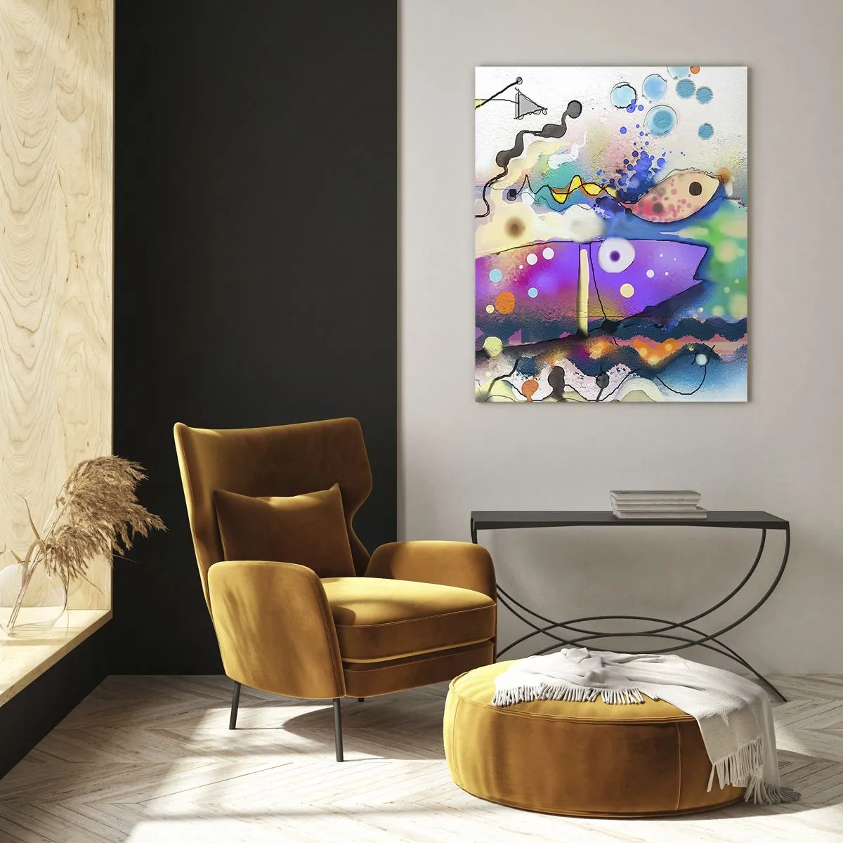 Cuadro sobre vidrio - Impresiones sobre Vidrio - Peces abstractos en una composición colorida y surrealista. - 70x100cm - ¡No hay palabras! - Decoración de pared moderna para salón y dormitorio ARTTOR