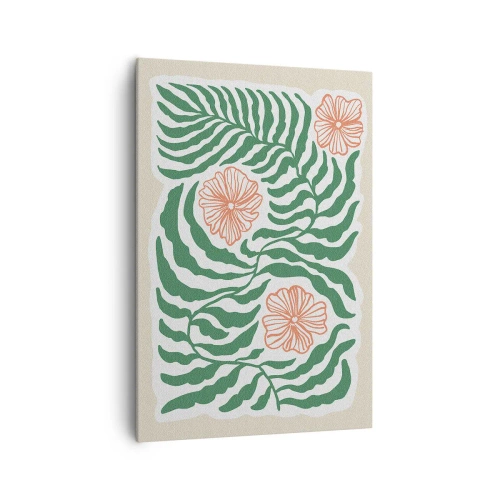 Cuadro sobre lienzo - Impresión de Imagen - Un motivo minimalista de hojas verdes con flores en tonos naranjas. - 70x100cm - Florecido en verde - Decoración de pared moderna para salón y dormitorio ARTTOR
