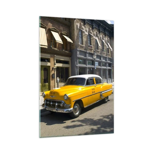 Cuadro sobre vidrio - Impresiones sobre Vidrio - Un taxi amarillo en una calle bordeada de casas de vecindad. - 80x120cm - Érase una vez en América - Decoración de pared moderna para salón y dormitorio ARTTOR
