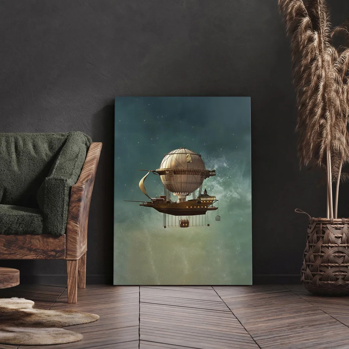 Cuadro sobre lienzo - Impresión de Imagen - Un dirigible fantástico contra el cielo verdoso. - 70x100cm - Julio Verne saluda - Decoración de pared moderna para salón y dormitorio ARTTOR