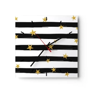 Reloj de pared - Reloj de vidrio - Rayas blancas y negras con estrellas doradas - 30x30cm - Todos hemos nacido bajo una estrella de la suerte - Decoración de pared moderna para salón y dormitorio ARTTOR