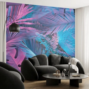 Fotomural Standard Eco - Hojas exóticas en tonos rosa y azul. - 100x70cm - Trópicos en rosa y azul - Decoración de pared moderna para salón y dormitorio ARTTOR