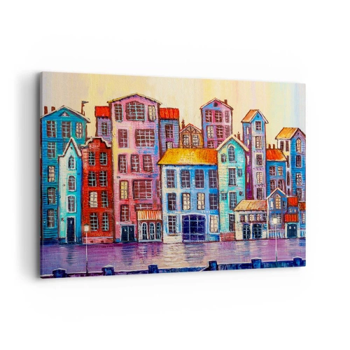 Cuadro sobre lienzo - Impresión de Imagen - Casas de vecindad coloridas junto al agua en un estilo artístico - 120x80cm - Una ciudad como un cuento de hadas - Decoración de pared moderna para salón y dormitorio ARTTOR