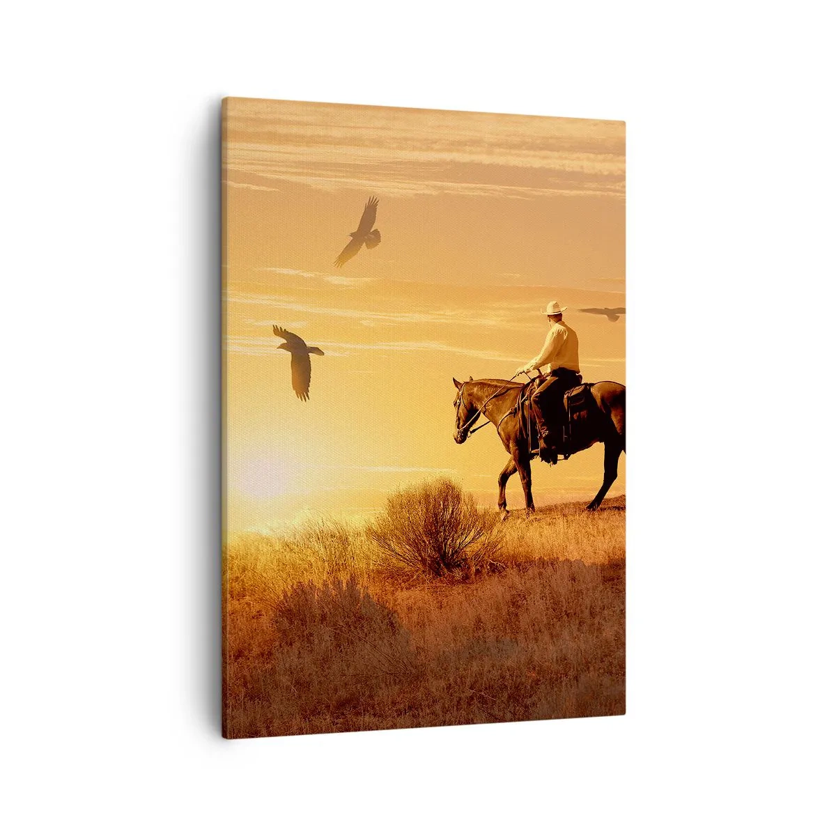 Cuadro sobre lienzo - Impresión de Imagen - Un jinete a caballo al atardecer contra la pradera. - 50x70cm - Solo a través de la pradera - Decoración de pared moderna para salón y dormitorio ARTTOR