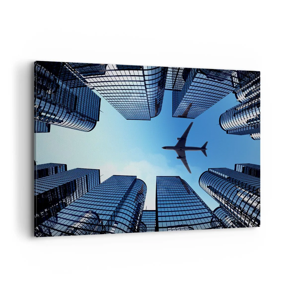 Cuadro sobre lienzo - Impresión de Imagen - Un avión volando sobre modernos rascacielos en el centro de la ciudad. - 100x70cm - La vista desde el abismo de cristal - Decoración de pared moderna para salón y dormitorio ARTTOR