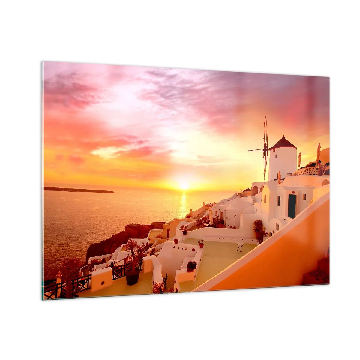 Cuadro sobre vidrio - Impresiones sobre Vidrio - Puesta de sol sobre Santorini con edificios blancos y un molino de viento - 100x70cm - Blanco y dorado - Decoración de pared moderna para salón y dormitorio ARTTOR