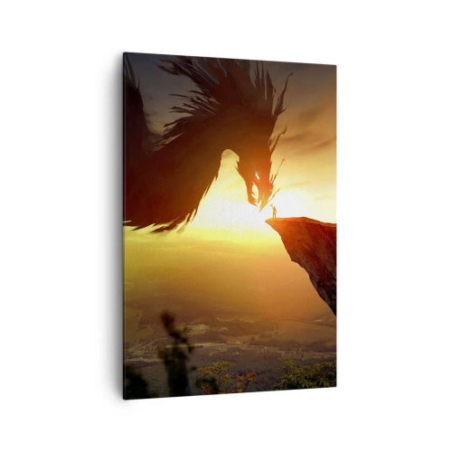 Cuadro sobre lienzo - Impresión de Imagen - Un dragón y un hombre en una roca bajo el resplandor del sol poniente. - 70x100cm - Cazador de dragones - Decoración de pared moderna para salón y dormitorio ARTTOR