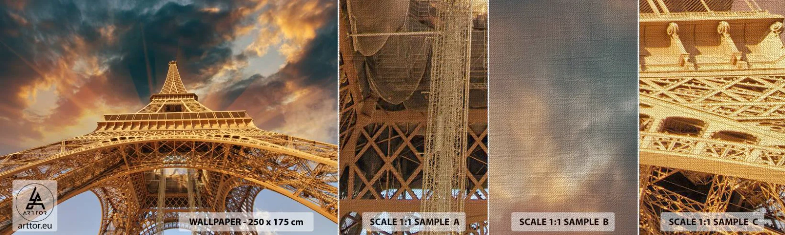 Muestra de fotomural Premium Canvas - Mientras la humanidad alcanza el cielo - Torre Eiffel, Arquitectura, París - 100x30 cm