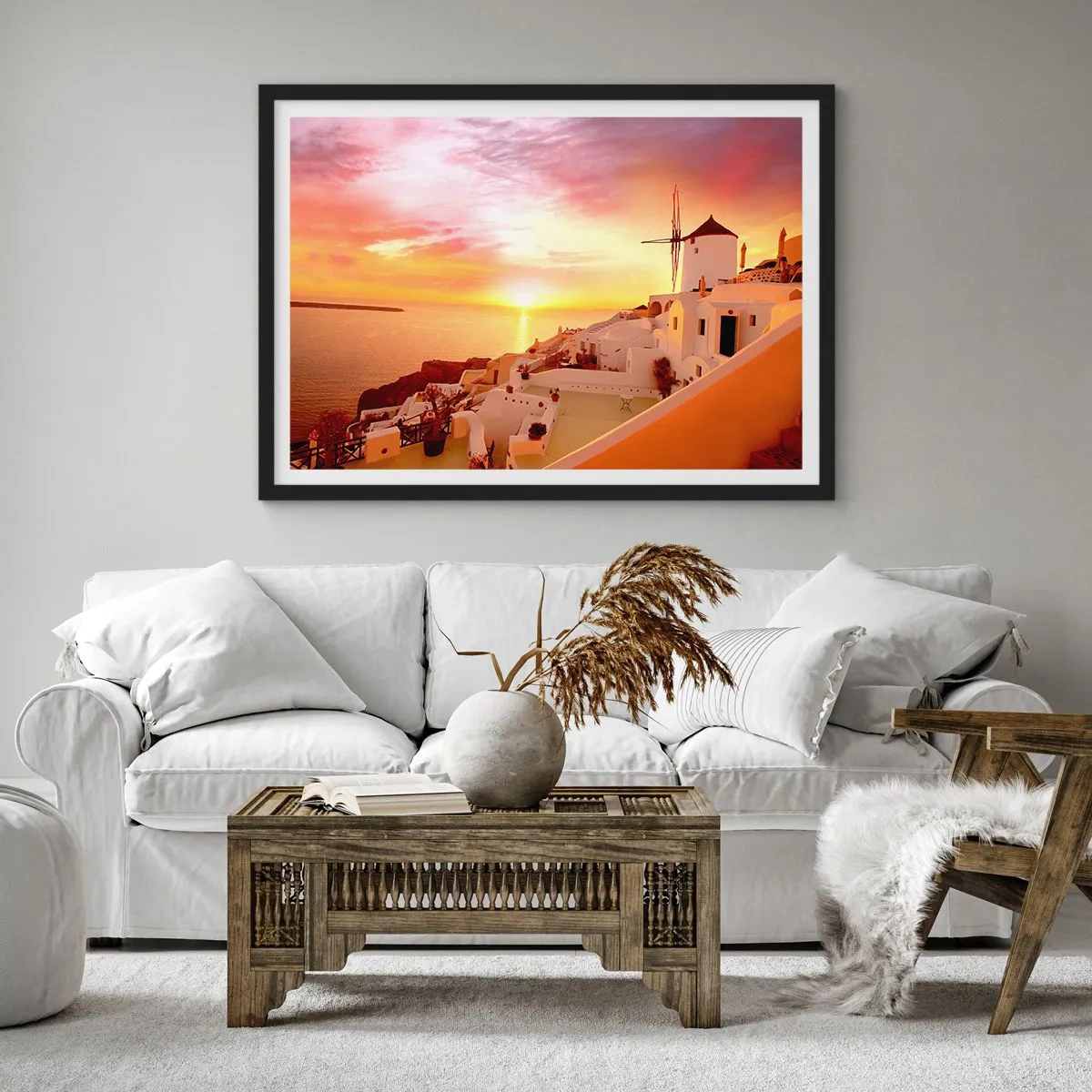 Póster en marco negro - Santorini al atardecer con un molino de viento - 70x50cm - Blanco y dorado - Decoración de pared moderna para salón y dormitorio ARTTOR