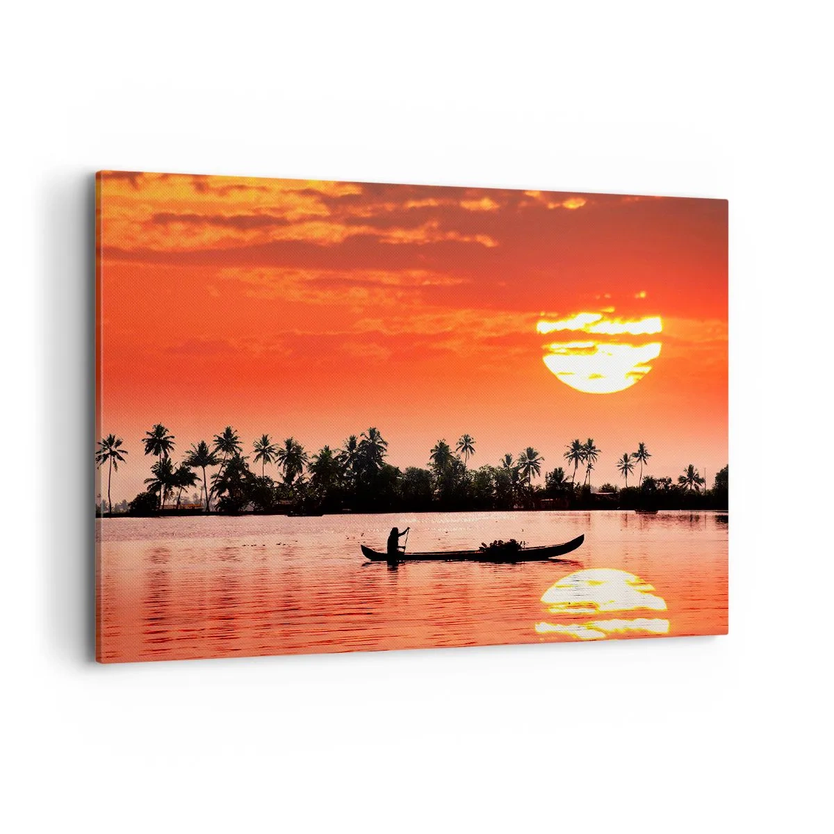 Cuadro sobre lienzo - Impresión de Imagen - Atardecer tropical con un barco y palmeras al fondo - 100x70cm - La paz de los trópicos al atardecer - Decoración de pared moderna para salón y dormitorio ARTTOR
