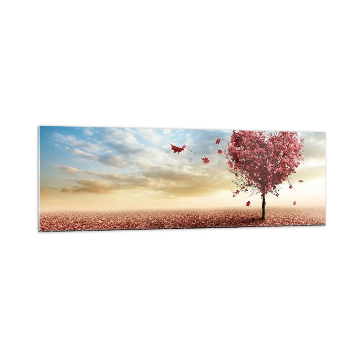 Cuadro sobre vidrio - Impresiones sobre Vidrio - Un árbol solitario en forma de corazón en un campo de hojas rojas. - 160x50cm - Amor de otoño - Decoración de pared moderna para salón y dormitorio ARTTOR
