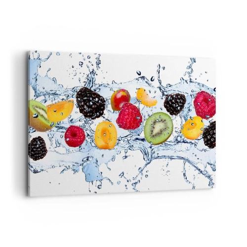 Cuadro sobre lienzo - Impresión de Imagen - Frutas coloridas sumergidas en salpicaduras de agua sobre un fondo blanco - 120x80cm - Juega con nosotros - Decoración de pared moderna para salón y dormitorio ARTTOR