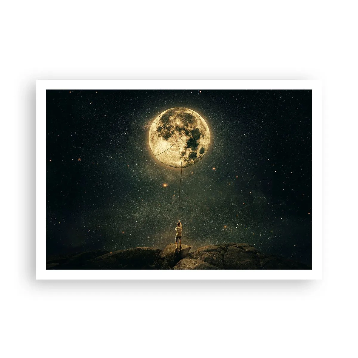 Póster - Hombre con la luna contra el cielo estrellado - 100x70cm - El que robó la luna - Decoración de pared moderna para salón y dormitorio ARTTOR
