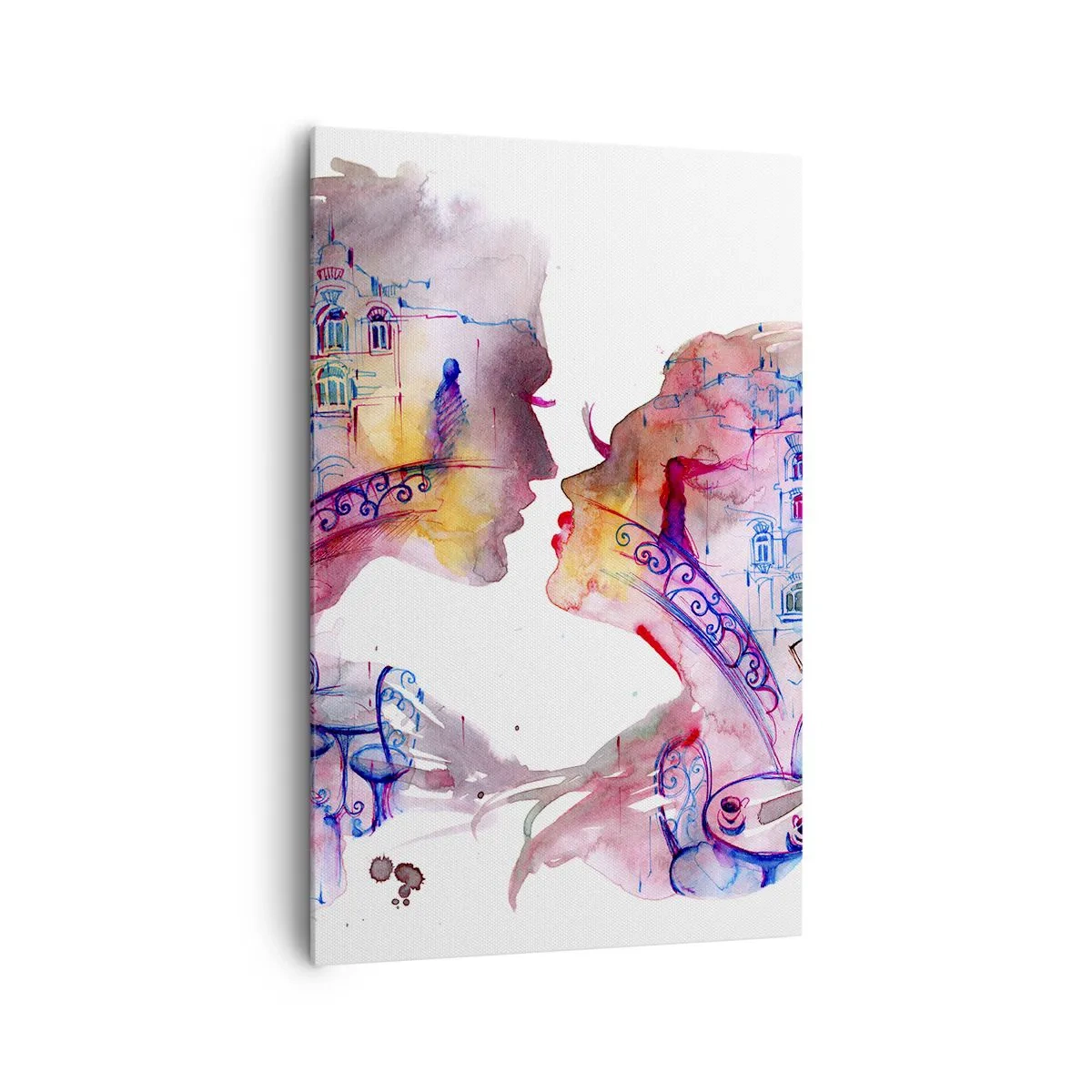 Cuadro sobre lienzo - Impresión de Imagen - Una acuarela romántica que representa las siluetas de los amantes. - 80x120cm - Un puente secreto de suspiros - Decoración de pared moderna para salón y dormitorio ARTTOR