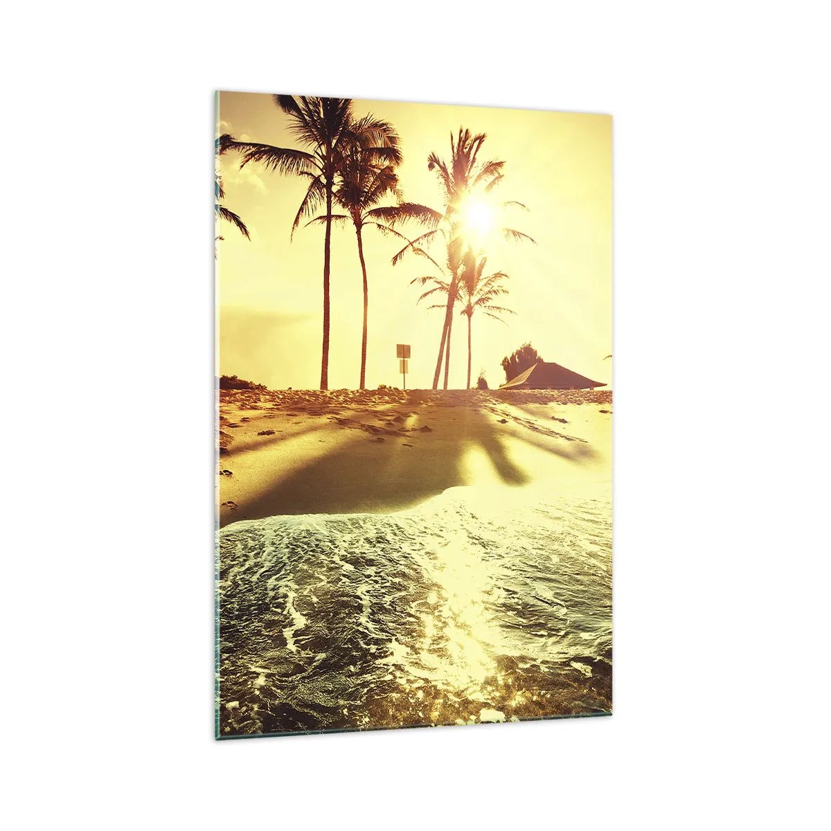 Cuadro sobre vidrio - Impresiones sobre Vidrio - Una playa con palmeras iluminada por un cálido atardecer. - 70x100cm - Una tarde californiana - Decoración de pared moderna para salón y dormitorio ARTTOR