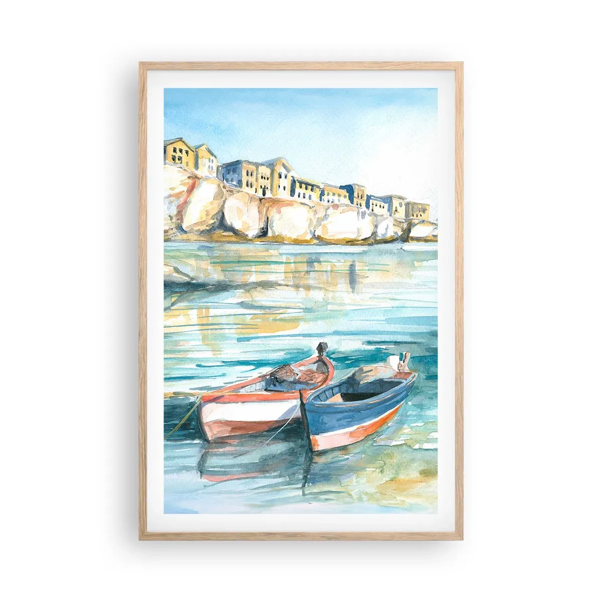 Póster en marco roble claro - Paisaje en azul - 61x91 cm