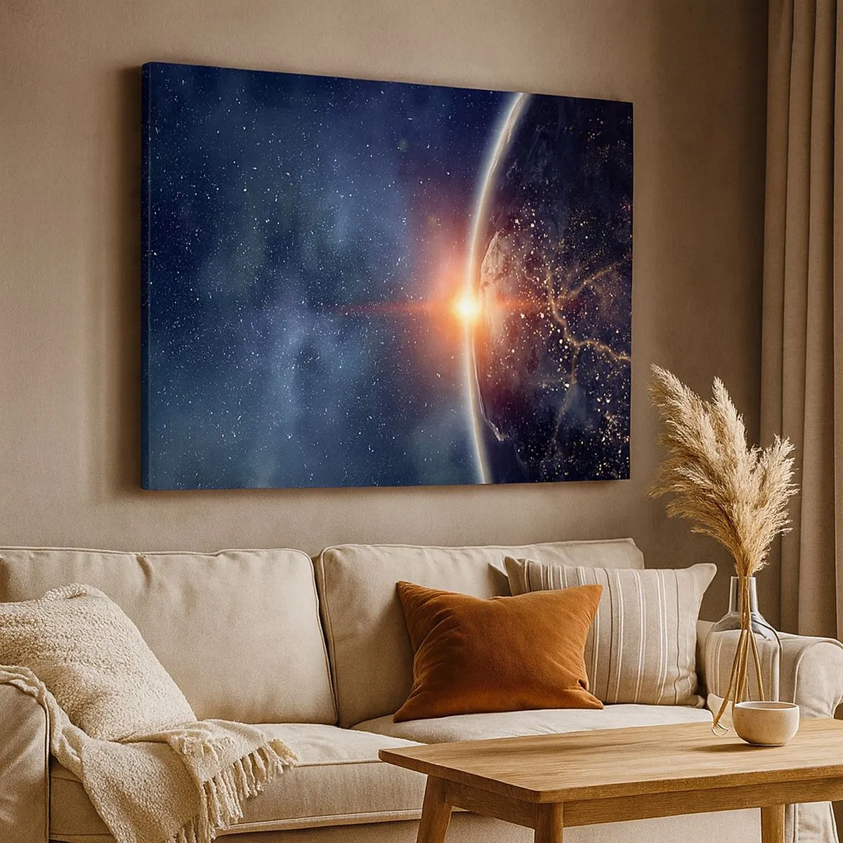 Cuadro sobre lienzo - Impresión de Imagen - La Tierra vista desde el espacio con el sol naciente - 70x50cm - En una nueva perspectiva - Decoración de pared moderna para salón y dormitorio ARTTOR