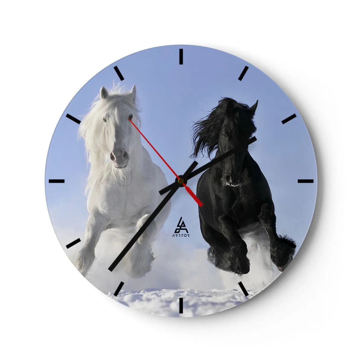 Reloj de pared - Reloj de vidrio - Caballos blancos y negros galopando contra el cielo - 30x30cm - Galope blanco y negro - Decoración de pared moderna para salón, cocina y dormitorio ARTTOR