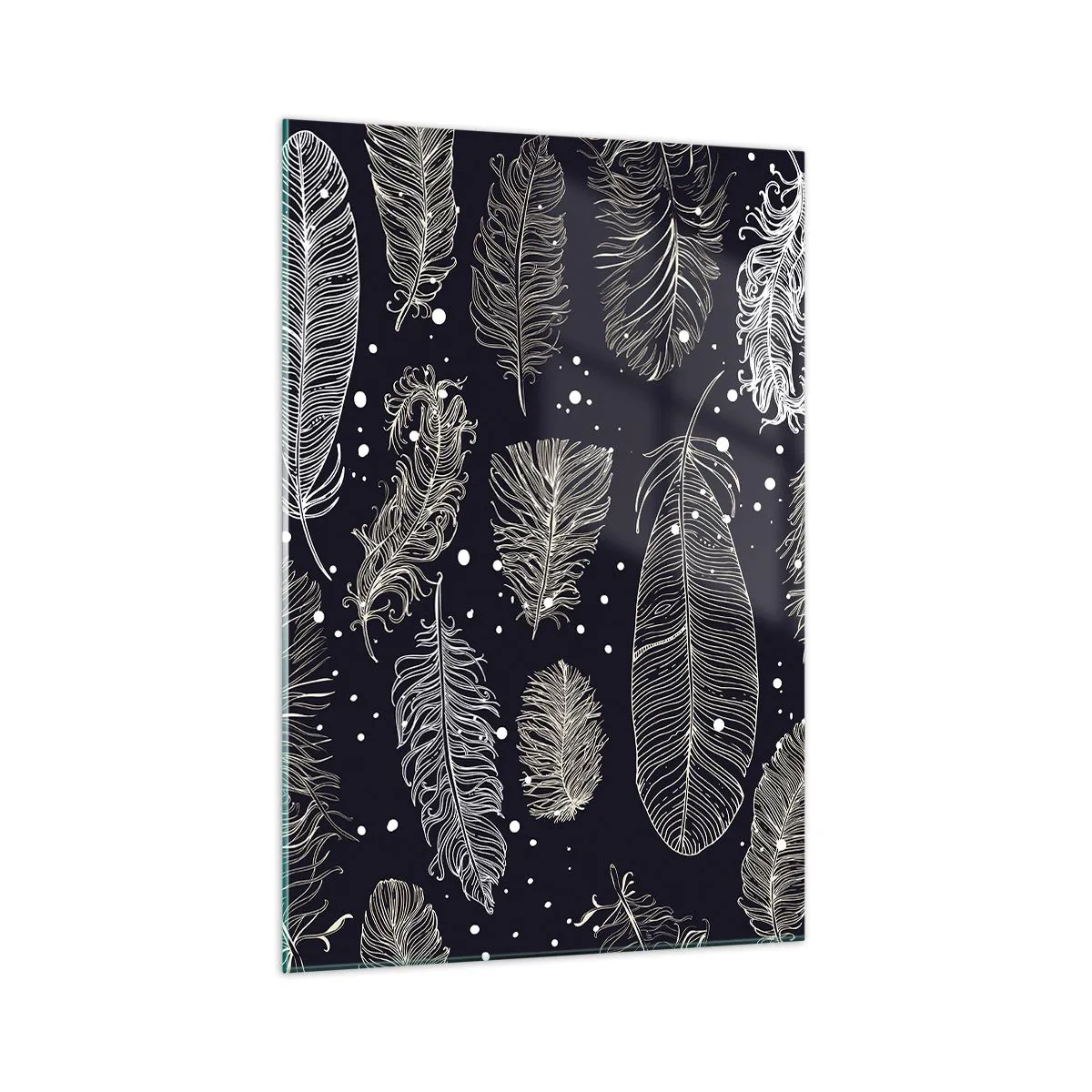 Cuadro sobre vidrio - Impresiones sobre Vidrio - Delicadas plumas blancas sobre un fondo azul marino. - 70x100cm - Encaje de plumas - Decoración de pared moderna para salón y dormitorio ARTTOR
