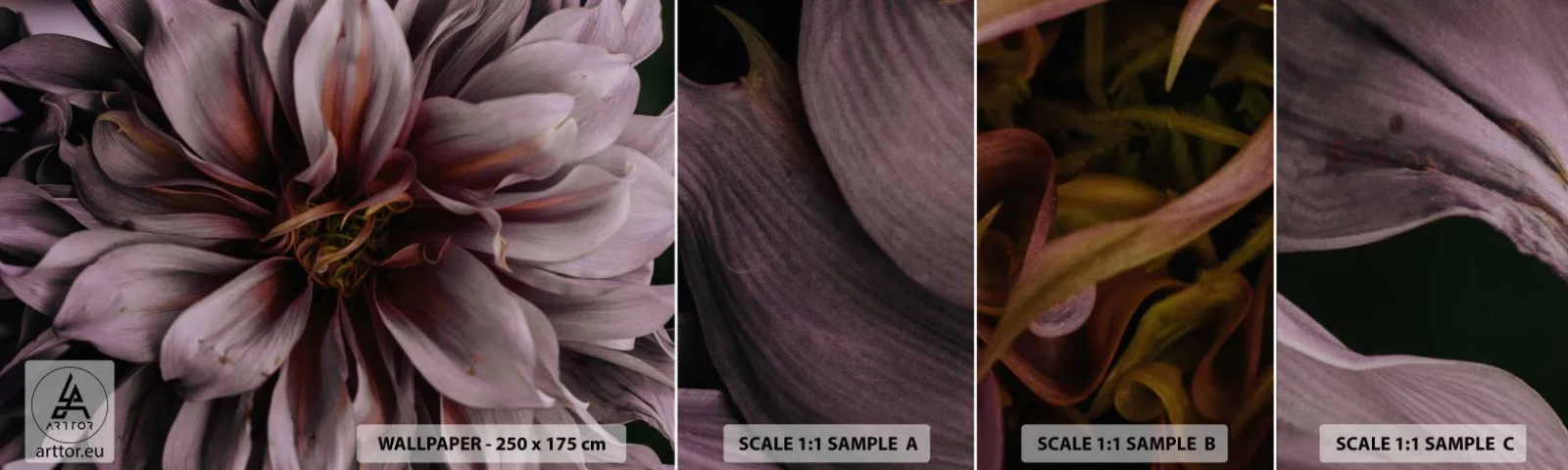 Muestra de fotomural autoadhesivo Deluxe Sticker - Corazón floral - Ramo de flores, Dalia, Flor - 100x30 cm