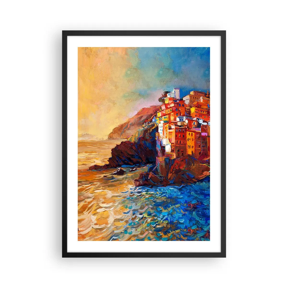 Póster en marco negro - Edificios coloridos con vistas al acantilado y al mar al atardecer - 50x70cm - Ambiente italiano - Decoración de pared moderna para salón y dormitorio ARTTOR