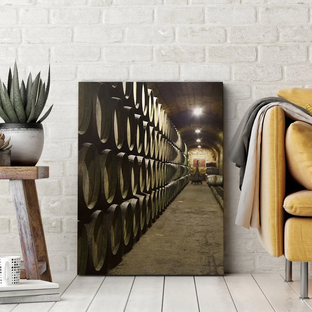Cuadro sobre lienzo - Impresión de Imagen - Una bodega con barriles de vino de madera dispuestos en filas. - 70x100cm - El placer  - Decoración de pared moderna para salón y dormitorio ARTTOR
