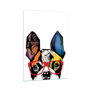 Cuadro sobre vidrio - Impresiones sobre Vidrio - Bulldog en una ilustración colorida con gafas rojas. - 70x100cm - El intelectual - Decoración de pared moderna para salón y dormitorio ARTTOR