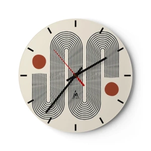 Reloj de pared - Reloj de vidrio - Un patrón minimalista con líneas negras y círculos rojos sobre un fondo crema. - 30x30cm - De principio a fin - Decoración de pared moderna para salón, cocina y dormitorio ARTTOR