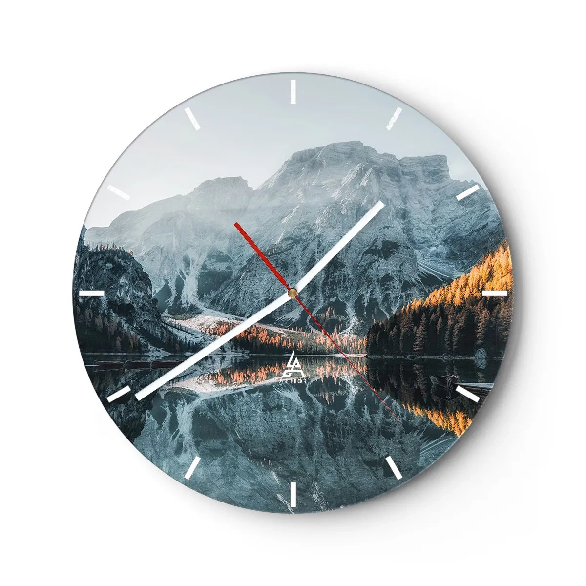 Reloj de pared - Reloj de vidrio - Un paisaje de montaña reflejado en la superficie de un lago tranquilo. - 30x30cm - Paisaje en el espejo - Decoración de pared moderna para salón, cocina y dormitorio ARTTOR