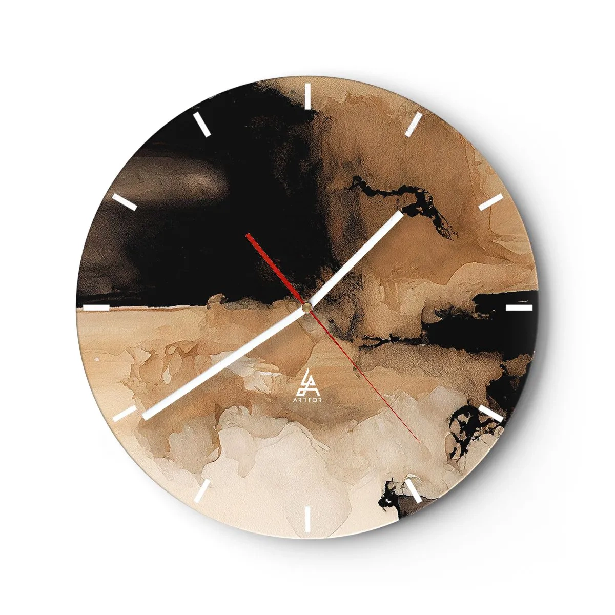 Reloj de pared - Reloj de vidrio - Abstracción marrón y negra con efecto de pintura derramada. - 30x30cm - Una abstracción intrigante - Decoración de pared moderna para salón, cocina y dormitorio ARTTOR