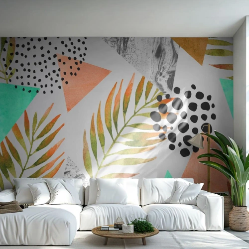 Fotomural Standard Eco - Patrones geométricos y hojas de acuarela sobre un fondo claro. - 100x70cm - Decoración con hojas de palmera - Decoración de pared moderna para salón y dormitorio ARTTOR